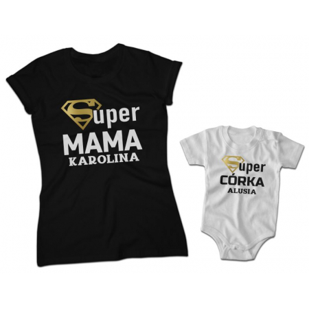 Zestaw Koszulek Rodzinnych Dla Mamy i Córki Super mama/ córka + imię